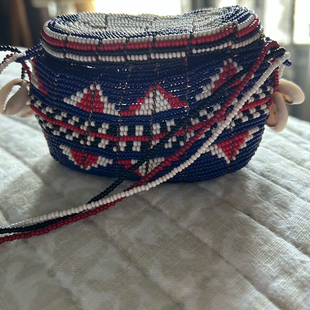 Blue and Red Mini Bag with Intricate Beaded Design